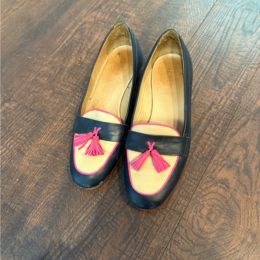 J. Crew Navy Loafers with Vibrant Pink Tassels